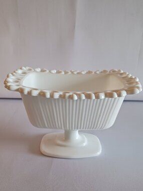 Vintage White Milk-glass Rectangle, Ribbed Lace Compote Dish